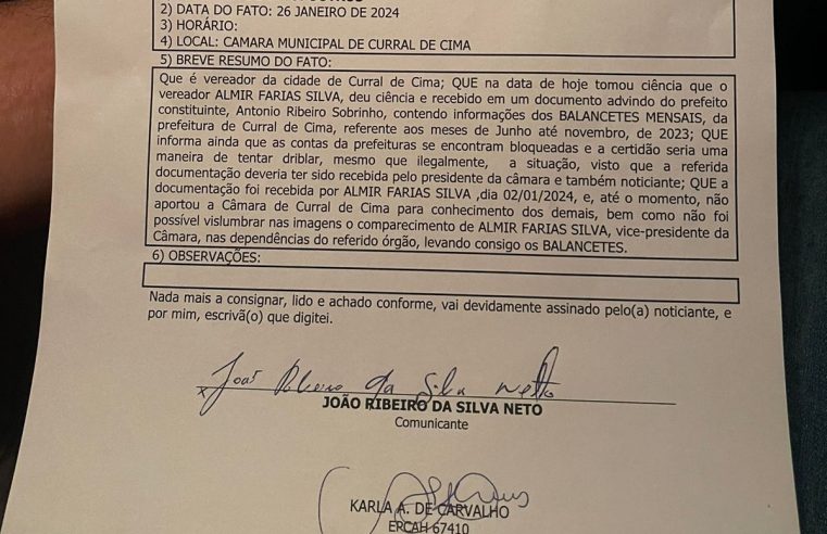 Presidente da câmara de Curral de Cima alega que é falso ofício de entrega dos balancetes, virou caso de polícia