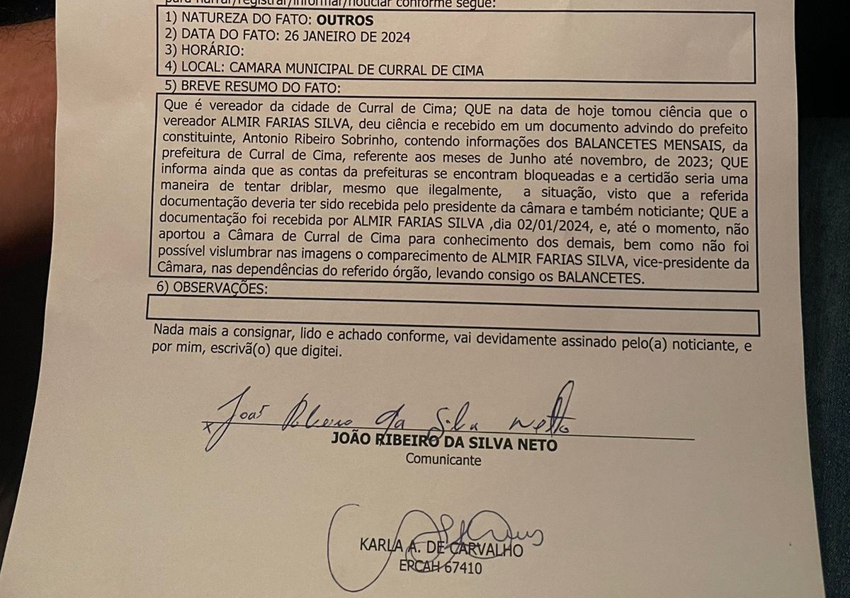 Presidente da câmara de Curral de Cima alega que é falso ofício de entrega dos balancetes, virou caso de polícia